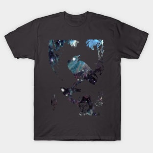 Elegant Japanese brush painting: starlings on a branch singing galaxy silhouette T-Shirt